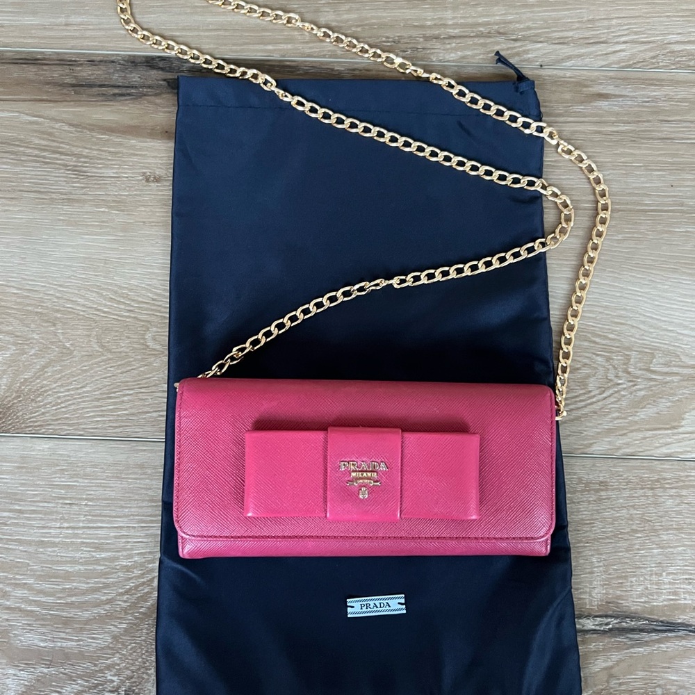 PRADA Pink Diagramme Saffiano Fiocco Leather Wallet WOC with Satin Dust Bag